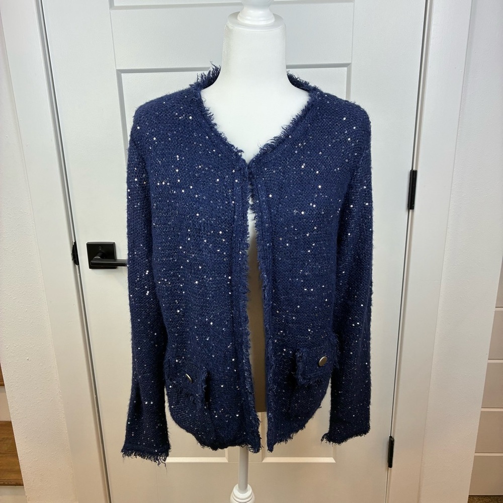 SIONI Blue Knit Cardigan Sweater Sequence Pockets Size XL  g
